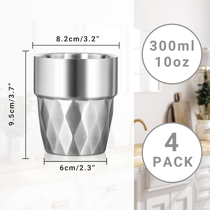 Steel Cups, 10 oz Insulated Tumbler, 4 Pack Double Wall Unbreakable Stackable Water Tumblers Insulated Stainless Metal Cup Premium Drinking Glasses for Travel Camping Home Outdoor