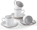 famiware Espresso Cups and Saucers Set of 4, 3 oz Ceramic Small Coffee Mug with Handle, Embossed Stoneware Demitasse Cup for Tea, Latte - Microwave & Dishwasher Safe - White Stripe