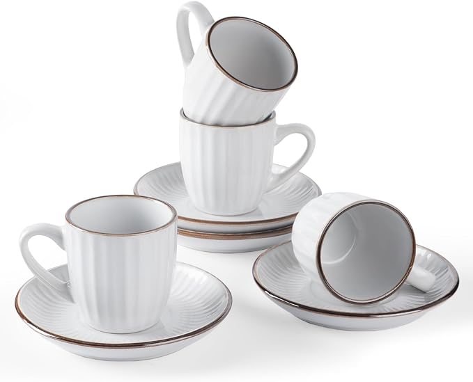 famiware Espresso Cups and Saucers Set of 4, 3 oz Ceramic Small Coffee Mug with Handle, Embossed Stoneware Demitasse Cup for Tea, Latte - Microwave & Dishwasher Safe - White Stripe