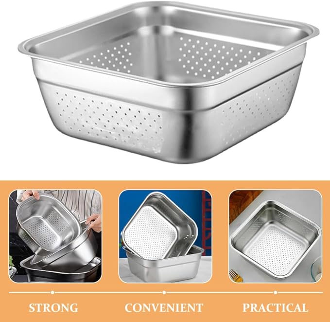 Kichvoe Stainless Steel Square Colander 8.27 Inch Vegetable Washing Basin Large Capacity Kitchen Strainer for Fruit and Vegetable Drainage
