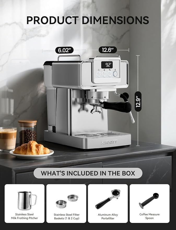 SUMSATY Espresso Machine 20 Bar, Stainless Steel Espresso Maker Professional Expresso Machine with Power Steam & LED Display for Home Barista, Americano, Latte, Cappuccino Maker, 1.8L Water Tank