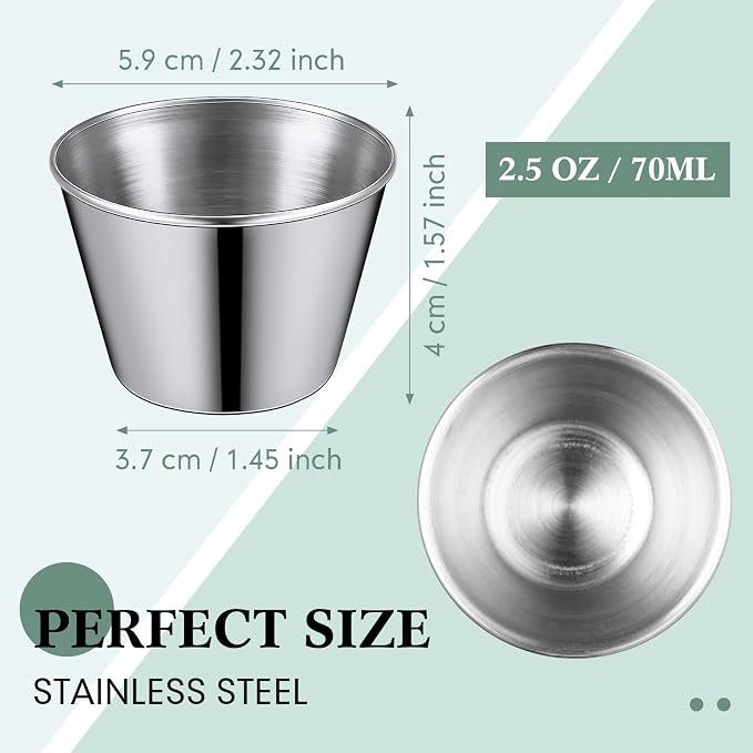 Potchen 48 Pack 2.5 oz Metal Ramekins Sauce Cups Stainless Steel Condiment Cups Round Dipping Containers for Vinegar Butter Ice for Kitchen Restaurant Catering Camping BBQ Party