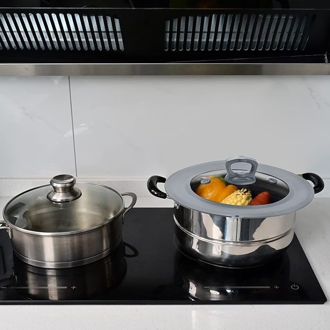 Vented Tempered Glass Universal Lid for Pot Pan Skillet with Heat Resistant Silicone Rim Microwave Splatter Lid Cover Microwave Safe Fit 6.5" 7" 7.5" Cookware, Dishwasher Safe Light Grey