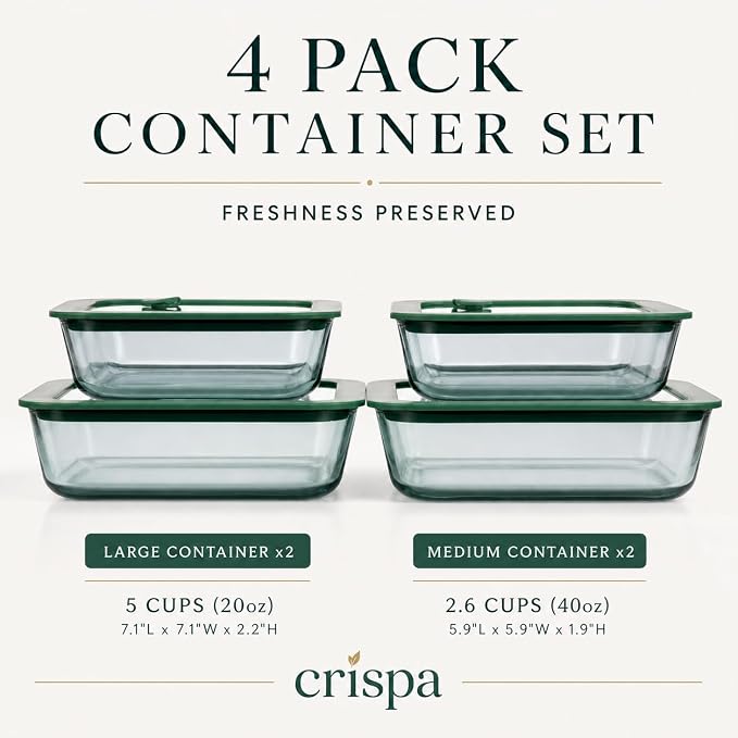 Crispa 8-Piece Teal Square Glass Food Storage Containers with Silicone Glass Lids – 100% Plastic-Free (2x 40oz, 2x 20oz) – Leakproof, Airtight, Freezer, Microwave and Dishwasher Safe