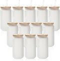 PYD Life 12 Pack Sublimation Glass Cans Blanks Frosted 18 OZ with Bamboo Lid and Clear Glass Straw Beer Cans Wide Mouth Jar Tumbler Cups Mugs for Iced Coffee,Juice,Soda,Drinks,Beer
