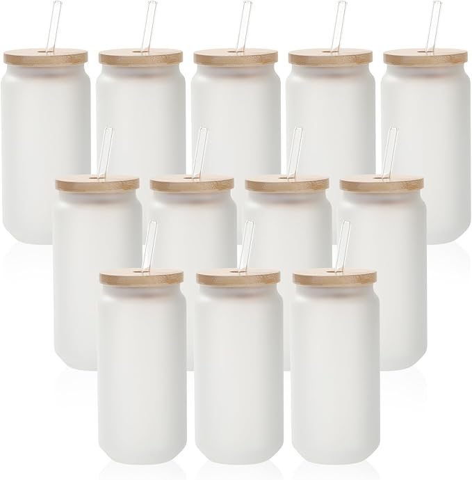 PYD Life 12 Pack Sublimation Glass Cans Blanks Frosted 18 OZ with Bamboo Lid and Clear Glass Straw Beer Cans Wide Mouth Jar Tumbler Cups Mugs for Iced Coffee,Juice,Soda,Drinks,Beer