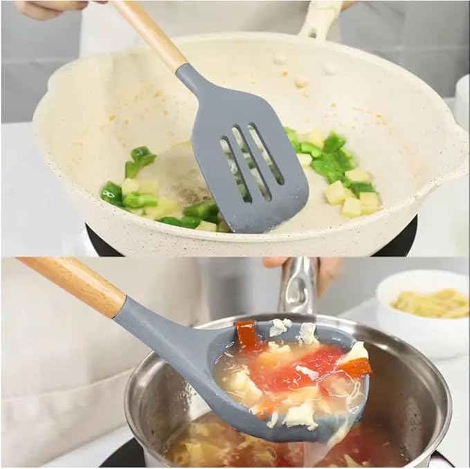 Premium Silicone Kitchen Utensil Set – 7-Piece Cooking Tools with Acacia Wood Handles and Bamboo Holder, Non-Stick, Heat Resistant, BPA-Free, Elegant Kitchen Gift (Grey -7pcs)