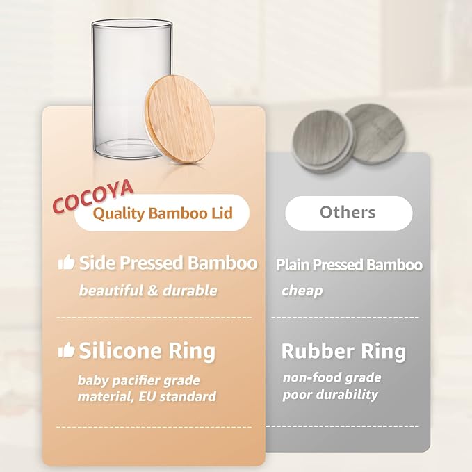 COCOYA 32 FL Oz Glass Jars with Bamboo Lid Set, 4Pack UPGRADE Thick Glass Pantry Storage Canisters Kitchen Clear Food Containers, for Dry Foods Nut Meal Prep Coffee Bean Candy Sugar Cookie Cereal