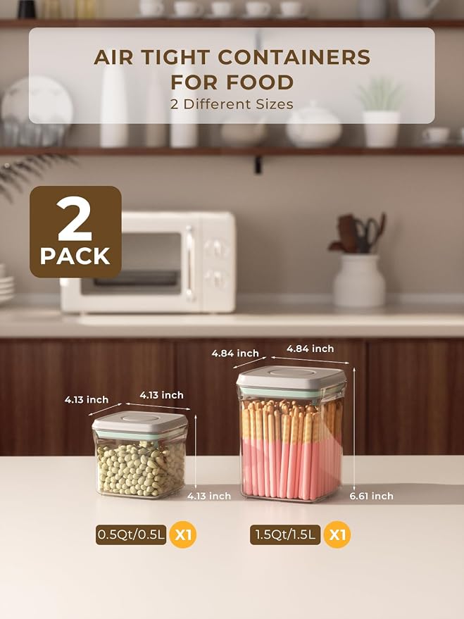 Airtight Food Storage Containers with Lids, Pop Top Kitchen Pantry Organizers and Storage, BPA-Free Clear Plastic Canisters for Cereal, Flour, Sugar, Rice, and Baking Supplies, 1.5Qt & 0.5Qt