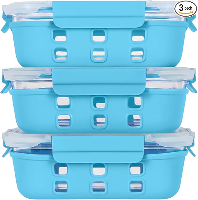 ECOBERI 4.5 Cup Glass Meal Prep Containers with Lids & Silicone Sleeves, 3-Pack Airtight, Leak-Resistant Food Storage Containers for Fridge, Freezer, Oven & Microwave