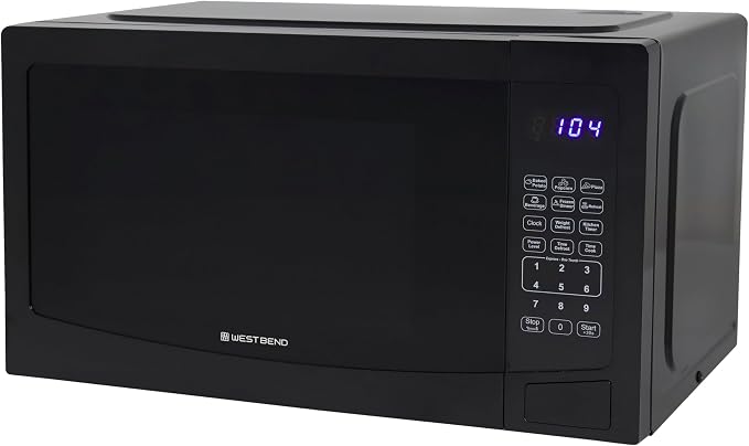 West Bend Microwave Oven 1000-Watts Compact with 6 Pre-Set Cooking Settings, Time and Weight Defrost, Electronic Control Panel and Glass Turntable, 1.1 Cu.Ft., Black