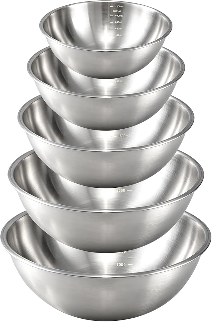 Gronivex 304 Stainless Steel Mixing Bowls, 5-Piece (1.5-5.3 Qt) | Food-Grade Metal, Dishwasher safe，Stackable Nesting & Space-Saving – Ultimate for Large Family Baking or Party Cooking