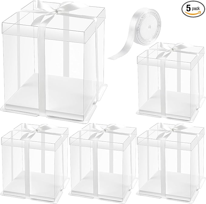 Ocmoiy 8x8x9Inch Clear Cake Box, 5 Pcs Cake Boxes with Ribbon Suitable for Packaging 6 Inch Cake, Disposable Cake Holder Carrier for Wedding, Birthday, Party