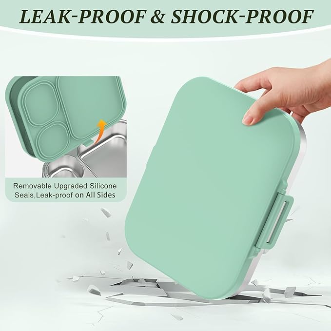 LOHASOK Stainless Steel Lunch Box: Metal Bento Box for Kids Adults - Leak-Proof 3 Compartments,Green