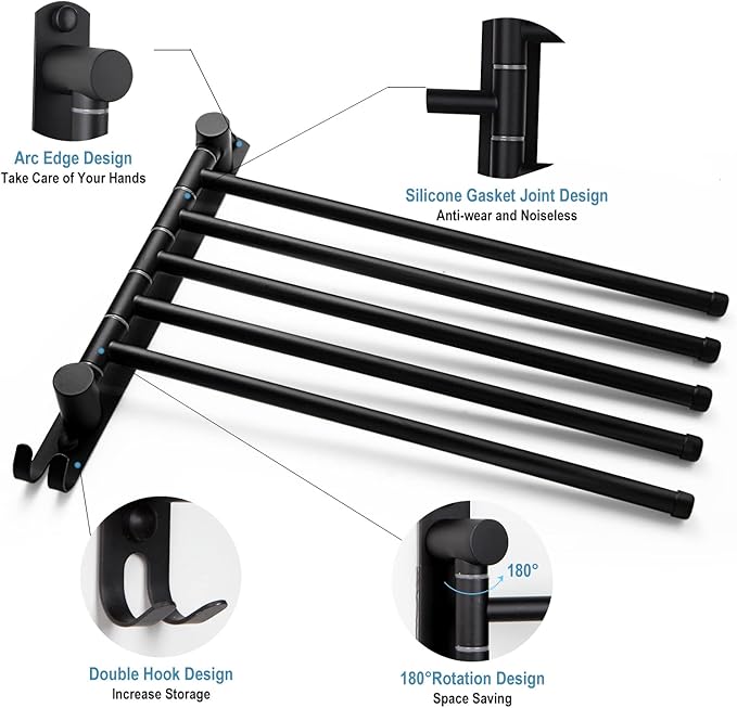5-Arm Swivel Towel Rack - 180° Rotating Wall Mounted - 304 Stainless Steel Rustproof - Heavy Duty Space Saving for Bathroom Kitchen Laundry Room (Matte Black)