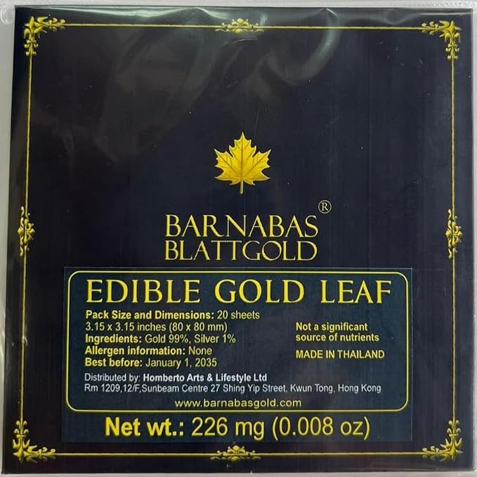 Barnabas Blattgold Edible Gold Leaf 24K - Cake Decorations, Loose Gold Leaf Sheets for Cupcakes - 3.1 inches, Interleaf of 25