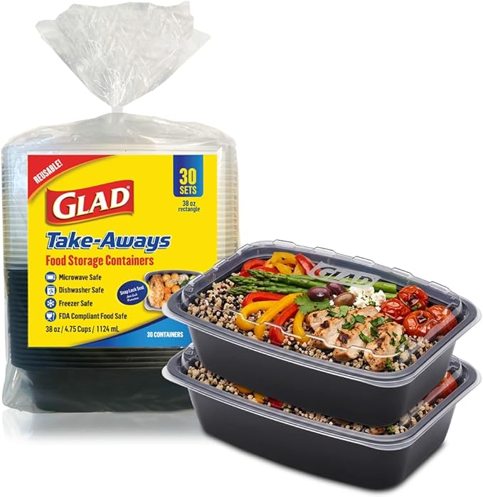 Glad Take-Aways 30-Pack Snap-Seal, Dishwasher and Freezer Safe, Reusable Food Storage Bento Box, Meal Prep Containers, Made in North America (38 oz, BPA Free)