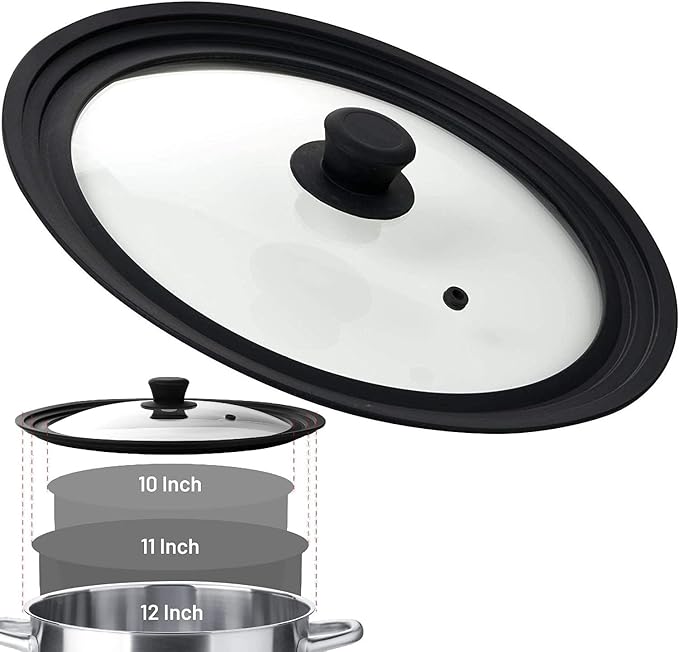 Bezrat Universal Lids for Pots, Pans and Skillets - 2-Pack Heat-Resistant Covers Tempered Glass with Silicone Rim - Fits 10”, 11”, 12” Cookware - Kitchen Covers, Dishwasher Safe (Single, 10",11",12")