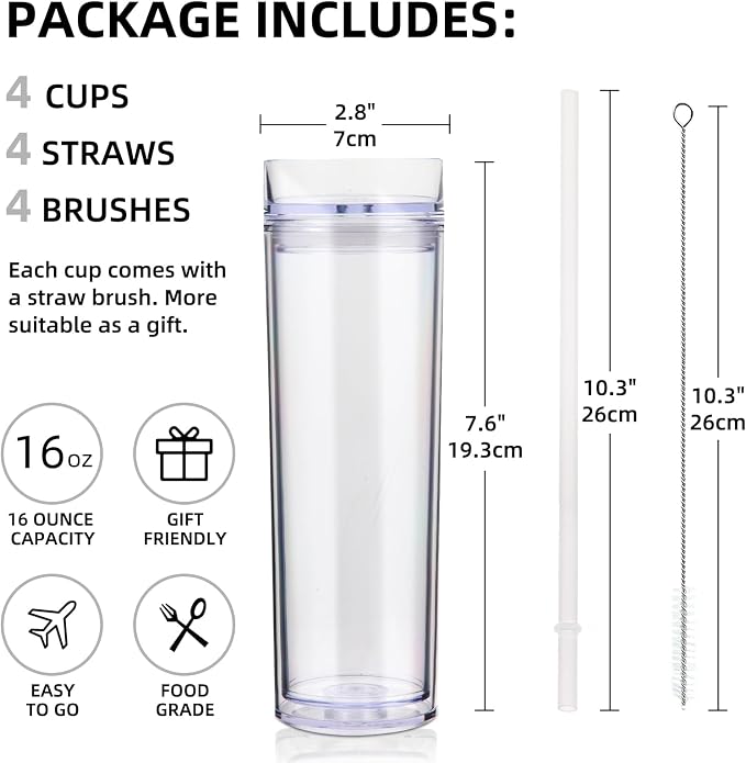 Volhoply 16oz Plastic Skinny Tumbler with Lid and Straw Bulk 10 Pack,Insulated Double Wall BPA Free Matte Acrylic Tumblers,Iced Coffee Travel Reusable Party Cup,Customizable Diy Gifts(Clear,10 Set)