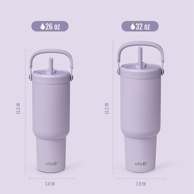 Ello Oasis Go+ 26oz Tumbler with Top Handle and Retracting Straw | Reusable Insulated Stainless Steel Cup, 100% Leakproof Water Bottle, 24 Hours Cold, Cup Holder Friendly For Travel | Orchid