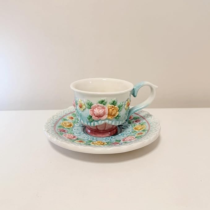 Ceramic Coffee Mug and Saucer Set for Women, Vitorian Hand-painted Rose Flower Tea Cup - 3oz(Multicolour)