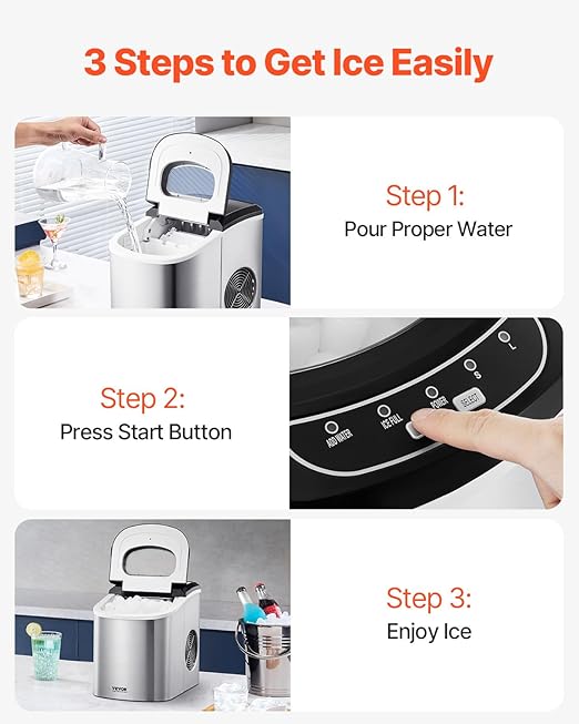 VEVOR Countertop Ice Maker, 9 Cubes Ready in 6 Mins, 33lbs in 24Hrs, Self-Cleaning Portable Ice Maker with Ice Scoop and Basket, Ice Machine with 2 Sizes Bullet Ice for Home Kitchen Office Bar Party