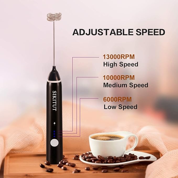 Rechargeable Milk Frother, Electric Foam Maker with 2 Stainless Steel Whisks, for Dalgona Coffee Latte Cappuccino Egg Mix and More, Bonus Extra 16 Pcs Art Stencils