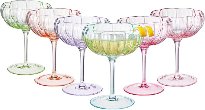 Khen Flower Vintage Wavy Glass Coupes Martini, Champagne & Cocktail Coupes - Set of 6-7oz Colorful Cocktail Glasses & Champagne, Prosecco, Mimosa Glassware Copyright Design - Bright Colors