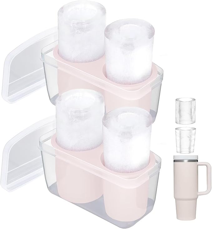 2 Packs Ice Mold for Stanley Cup, Silicone Ice Cube Tray for Stanley Cup 30oz-40oz, Tumbler Ice Mold with Lid and Bin, Easy Release Cylinder Ice Cube Mold, Rose Quartz
