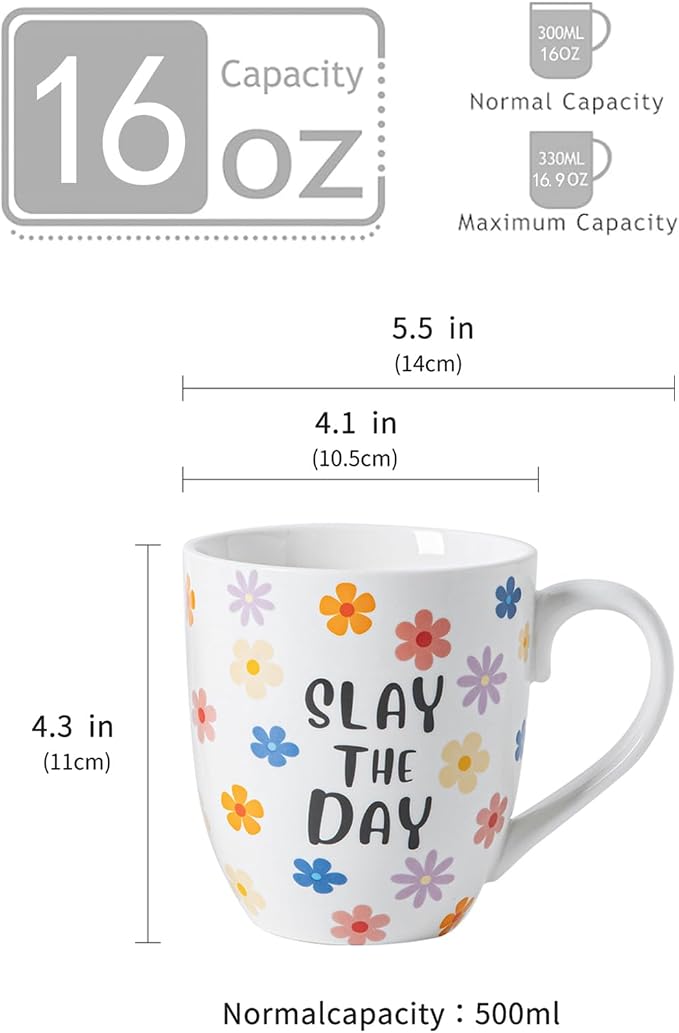 16OZ Ceramic Slay the Day Coffee Mugs Set, Large Colorful Coffee Cups with Handles for Milk, Tea, Latte, Mocha, Cocoa, Cappuccino, Porcelain Cups Gift for Holiday or Anniversary (4PCS)