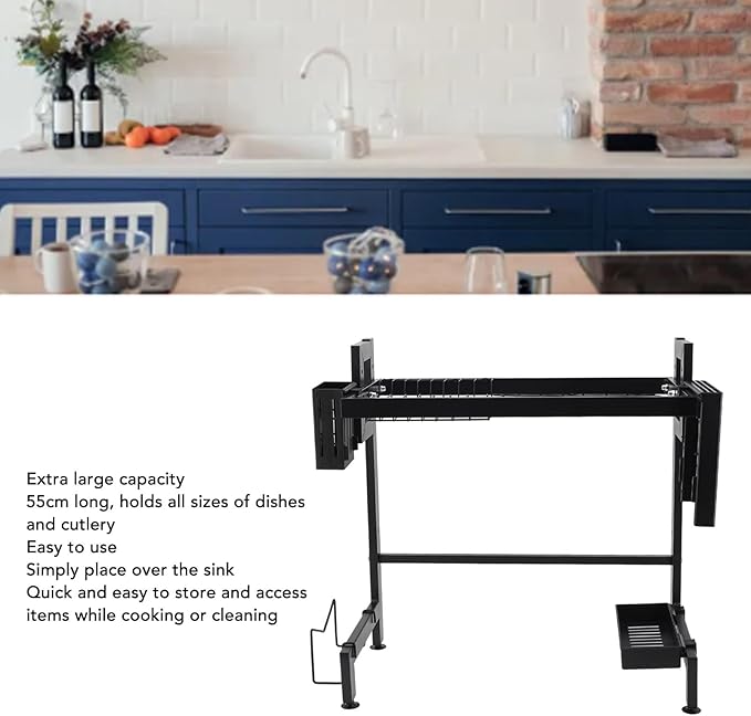 Over Sink Dish Rack Large Capacity Metal Thickened Countertop Dish Drying Shelf 55cm - Foldable Design, Space Saving, Stable Carbon Steel Construction for Kitchen (Single Layer)