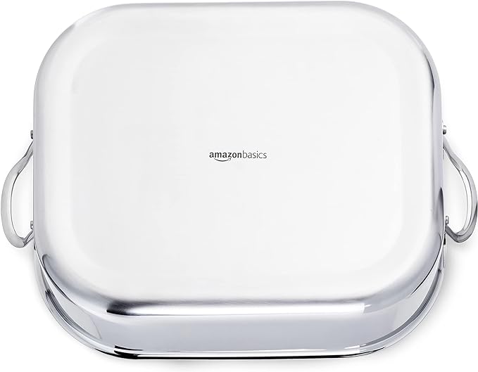 Amazon Basics Stainless Steel Rectangular Roasting Pan with Rack, Turkey Roaster, Dishwasher Safe, Easy to Clean, Oven Safe, 16 in
