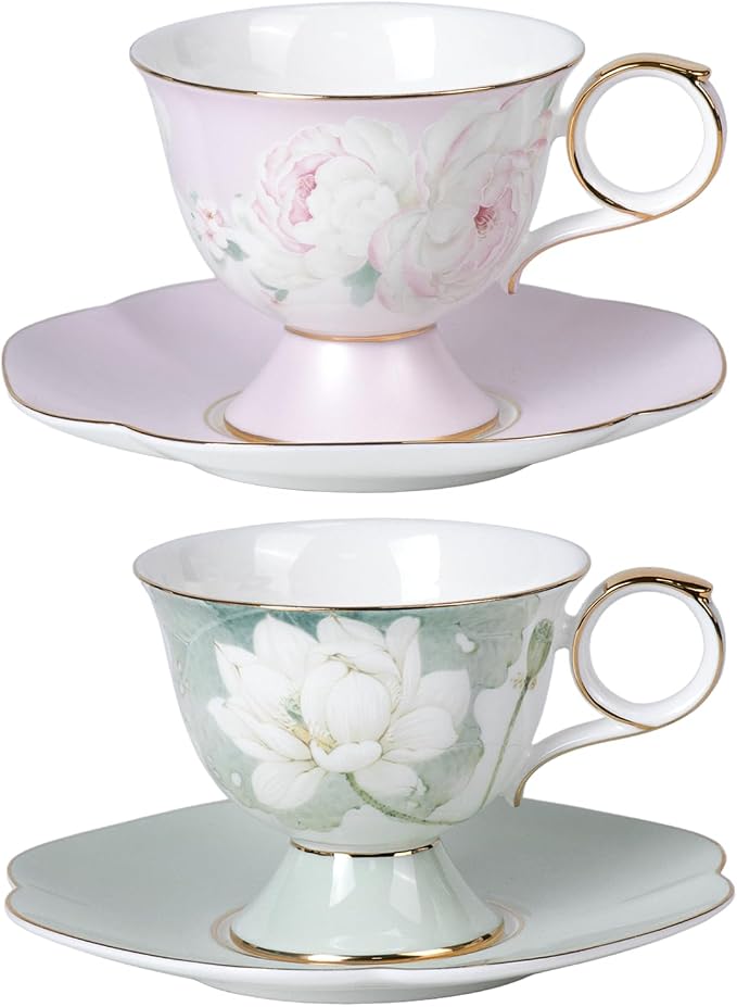 KAMMAK Ceramic Coffee Cups Saucers Set of 2, Porcelain Espresso Cup with Saucer, 8.12 oz Handmade Elegant Bone China Tea Cups, Ceramic Floral Pattern Demitasse Cup for Latte, Americano, Cappuccino