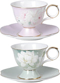 KAMMAK Ceramic Coffee Cups Saucers Set of 2, Porcelain Espresso Cup with Saucer, 8.12 oz Handmade Elegant Bone China Tea Cups, Ceramic Floral Pattern Demitasse Cup for Latte, Americano, Cappuccino