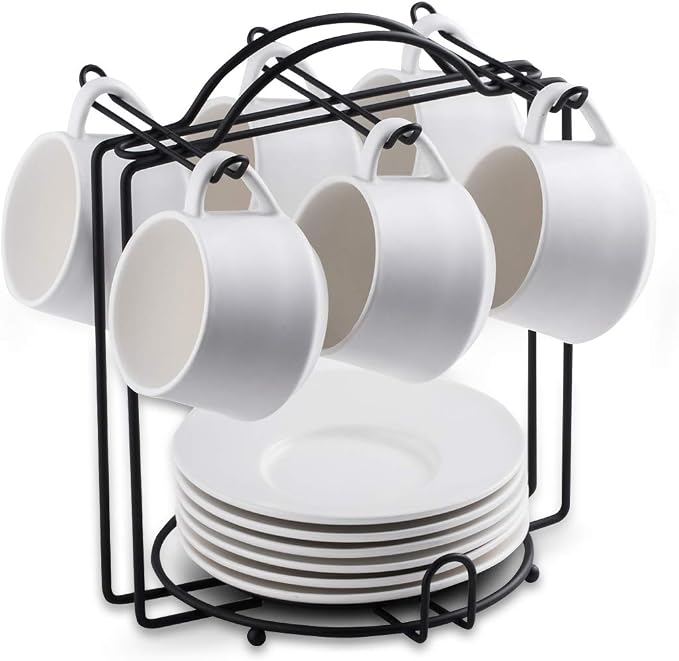 YHOSSEUN Espresso Cups Set of 6, Ceramic Expresso Shot Cups with Saucers, Stir Spoons, and Metal Stand, 4 OZ Small Coffee Cup for Father's Day, Tea Party - White