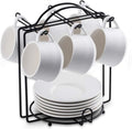 YHOSSEUN Espresso Cups Set of 6, Ceramic Expresso Shot Cups with Saucers, Stir Spoons, and Metal Stand, 4 OZ Small Coffee Cup for Father's Day, Tea Party - White