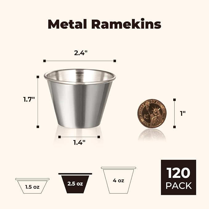 Fit Meal Prep [120 Pack 2.5 oz Stainless Steel Dipping Sauce Cups, Reusable Metal Ramekins, Commercial Grade Condiment Bowls, Individual Portion Cups, Small Round Au Jus Cup for Home, Restaurant