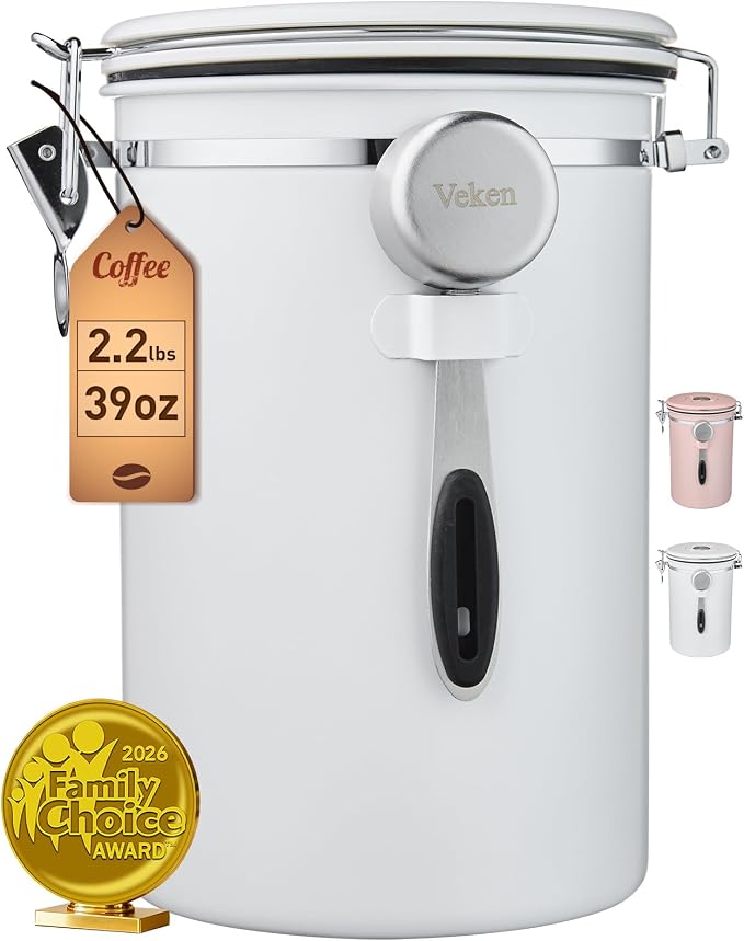 Veken Coffee Canister, 39OZ Large, Airtight Stainless Steel Food Storage Container for 2.2lbs Coffee Beans, Ground, Sugar, Tea, Flour, Cereal, Kitchen Bar Accessories with Date Tracker & Scoop, White