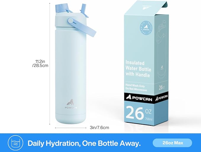 POWCAN 26 oz Insulated Water Bottle with 2-in-1 Straw and Spout Lid, Keep Cold 24H, Leak-Proof, Fits in Car Cup Holder, Stainless Steel Water Bottle for Sports, Travel, and School (Sea Breeze)