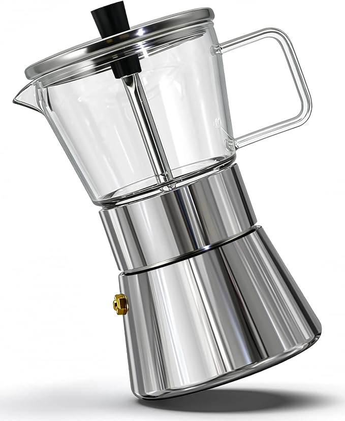 Grasseed Crystal Glass-Top Moka Pot, Polished Stainless Steel Stovetop Espresso Maker for Italian Coffee, Gift for Coffee Lovers - 6 Cup/240ml/8.4oz