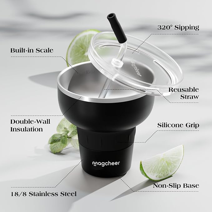 16 oz Cocktail Tumbler with Lid and Straw - Stainless Steel Insulated Margarita Tumbler - 320° Sippable Stemless Wine Cup for Party | Black
