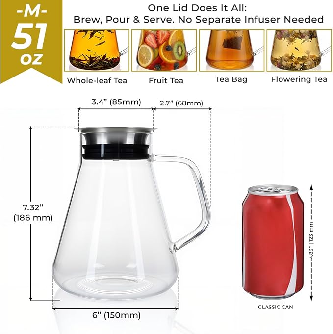 Aquach 51oz Glass Teapot with Filter Lid, Stovetop Safe Tea Pot | Dishwasher Safe, Borosilicate Glass, Integrated Filter Lid, 51oz Sharing Capacity, Stable Wide Base, Pure Plastic-free Taste
