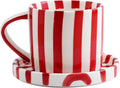 Cup and Saucer Set Hand-Painted Red Stripes, 8 Oz Ceramic Coffee Mug, Espresso Cups, Porcelain Coffee Cup for Cappuccino, Espresso, Coffee, Tea, Cafe Mocha, Latte, Set of Cup Gift for Coffee Lover
