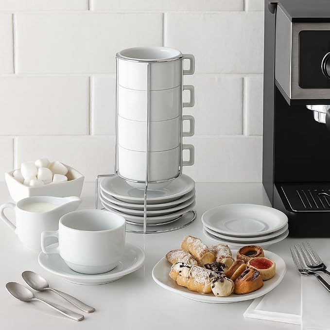 HIC Kitchen Stackable Cappuccino Mug Set, Fine Porcelain, 9-Piece Set, 7-Ounce Service for 4 Plus Storage Stand