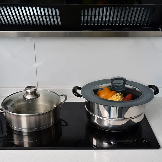 Vented Tempered Glass Universal Lid for Pot Pan Skillet with Heat Resistant Silicone Rim Microwave Splatter Lid Cover Microwave Safe Fit 8” 8.5” 9“ Cookware, Dishwasher Safe Grey