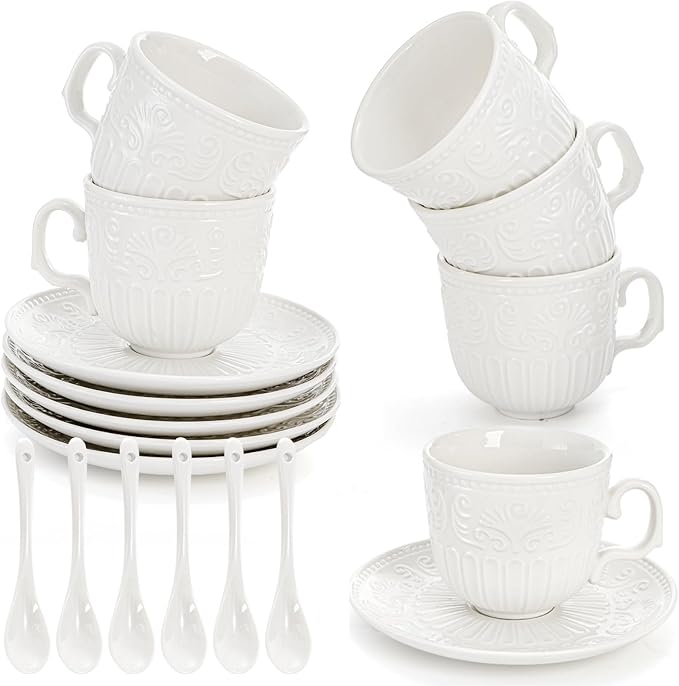 ZAVOOS Tea Cup and Saucer Set of 6, 6 Oz Small Vintage Porcelain Tea Cup with Spoon, Unique Embossed Floral Cappuccino Cups Sets for Latte, Cafe Mocha, Tea Party Decoration, Dishwasher Safe