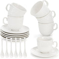 ZAVOOS Tea Cup and Saucer Set of 6, 6 Oz Small Vintage Porcelain Tea Cup with Spoon, Unique Embossed Floral Cappuccino Cups Sets for Latte, Cafe Mocha, Tea Party Decoration, Dishwasher Safe