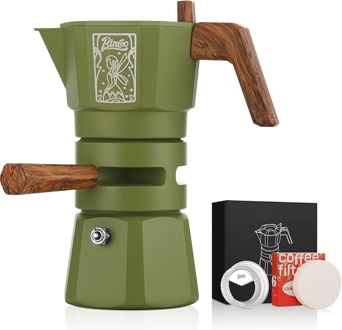Bincoo 120ML Stovetop Espresso Maker Double Valve Moka Pot with Thermostat Extractor Prevent over-extraction,Italian Espresso Moka Pot with Powder Dispenser and Filter Paper for Home(Green)