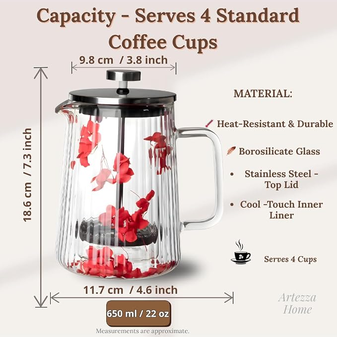 French Press Coffee Maker 22oz – Red Floral Glass Design – Double-Wall Borosilicate Ribbed Coffee Press with Stainless Steel Filter – Manual Brewer & Tea Press