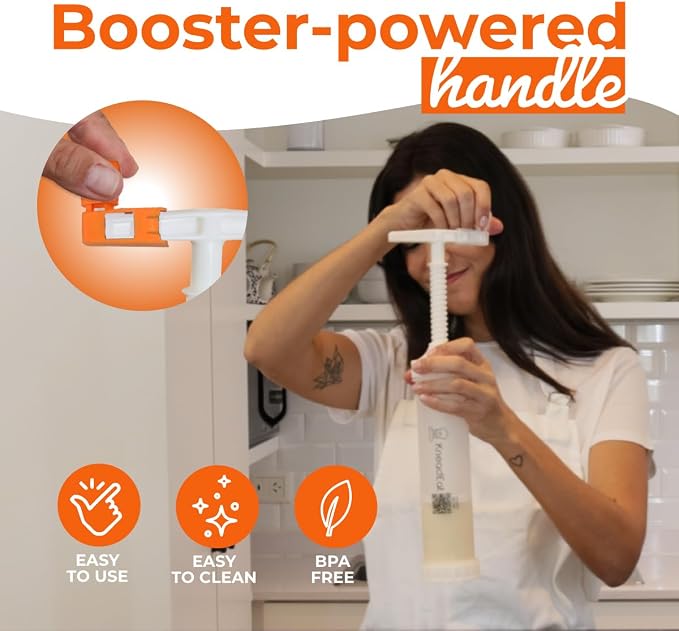 KneadEat Churro Maker Kit with Booster-powered Handle. Churrera and Piping Bag Churros Filler. Easy QR-Recipe to Prepare and Fill Your Own Churros at Home - KneadEat Cookie press - Churro press.
